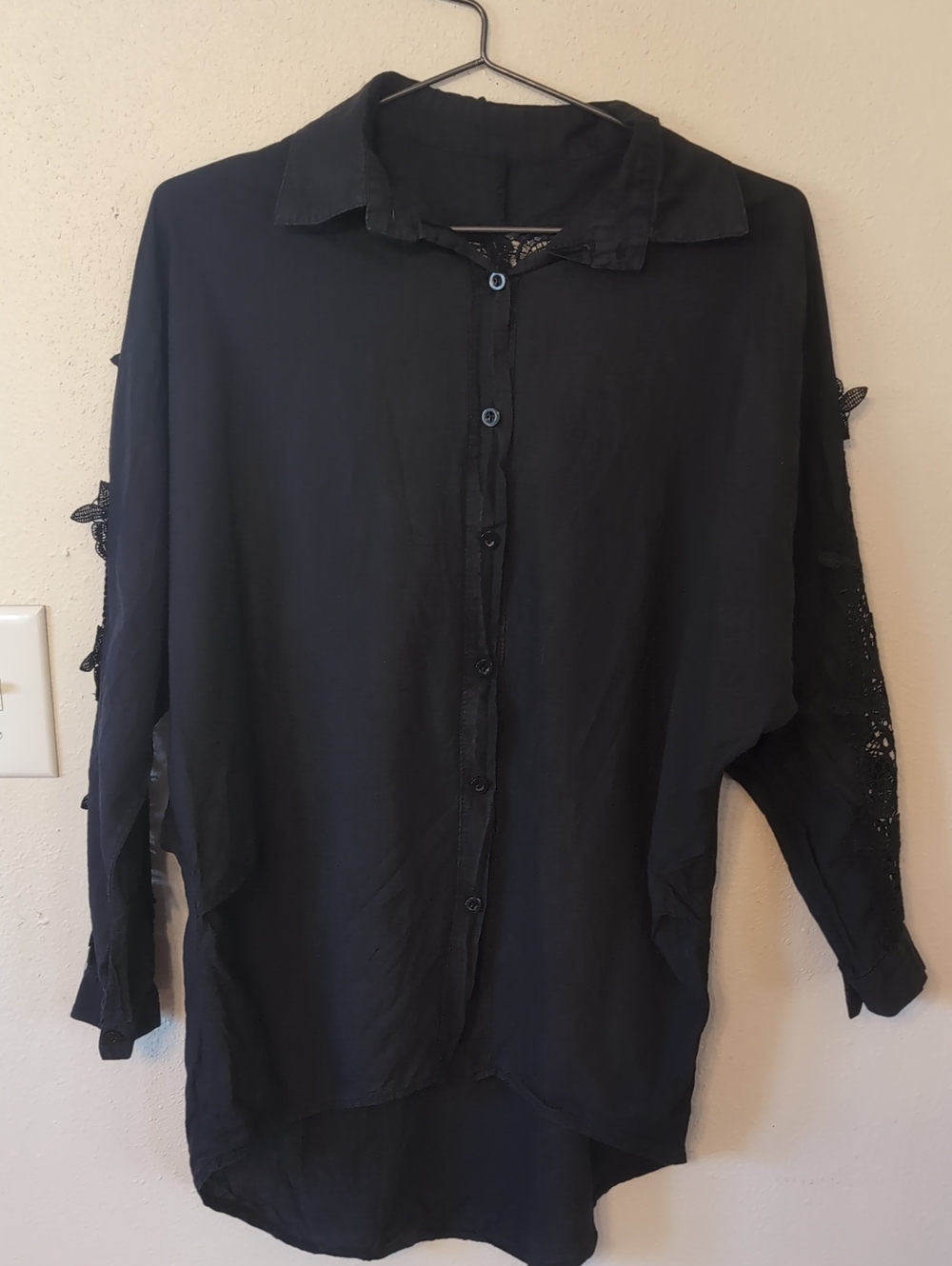 Women's Black Button-Down Shirt with Lace Sleeve Details